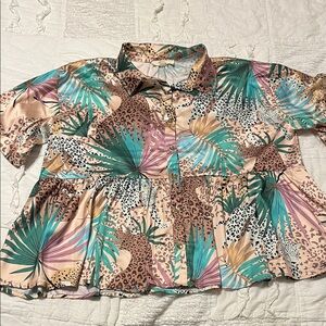 Entro Tropical Print Button-Up Silky Peplum style Blouse, size large